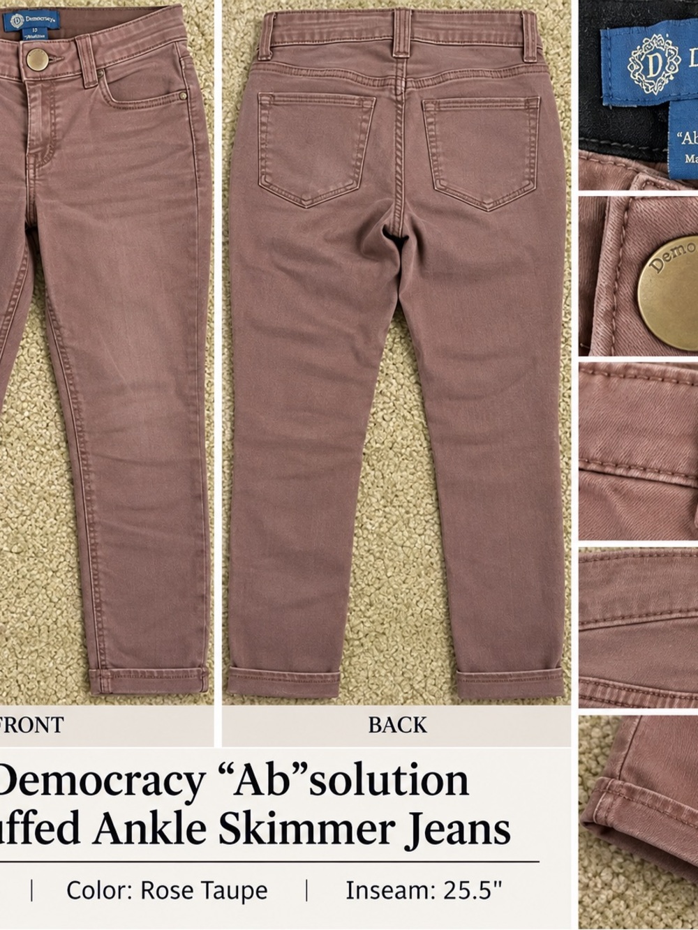 Democracy Ab Solution Cuffed Ankle Skimmer Jeans Rose Taupe Size 10